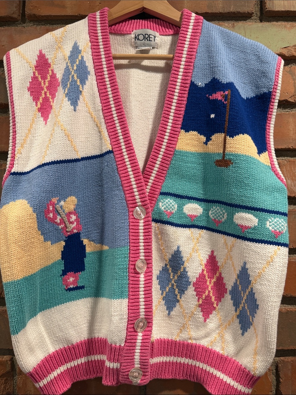 Koret Multicolor Golf Argyle Knit Vest with Pink Trim